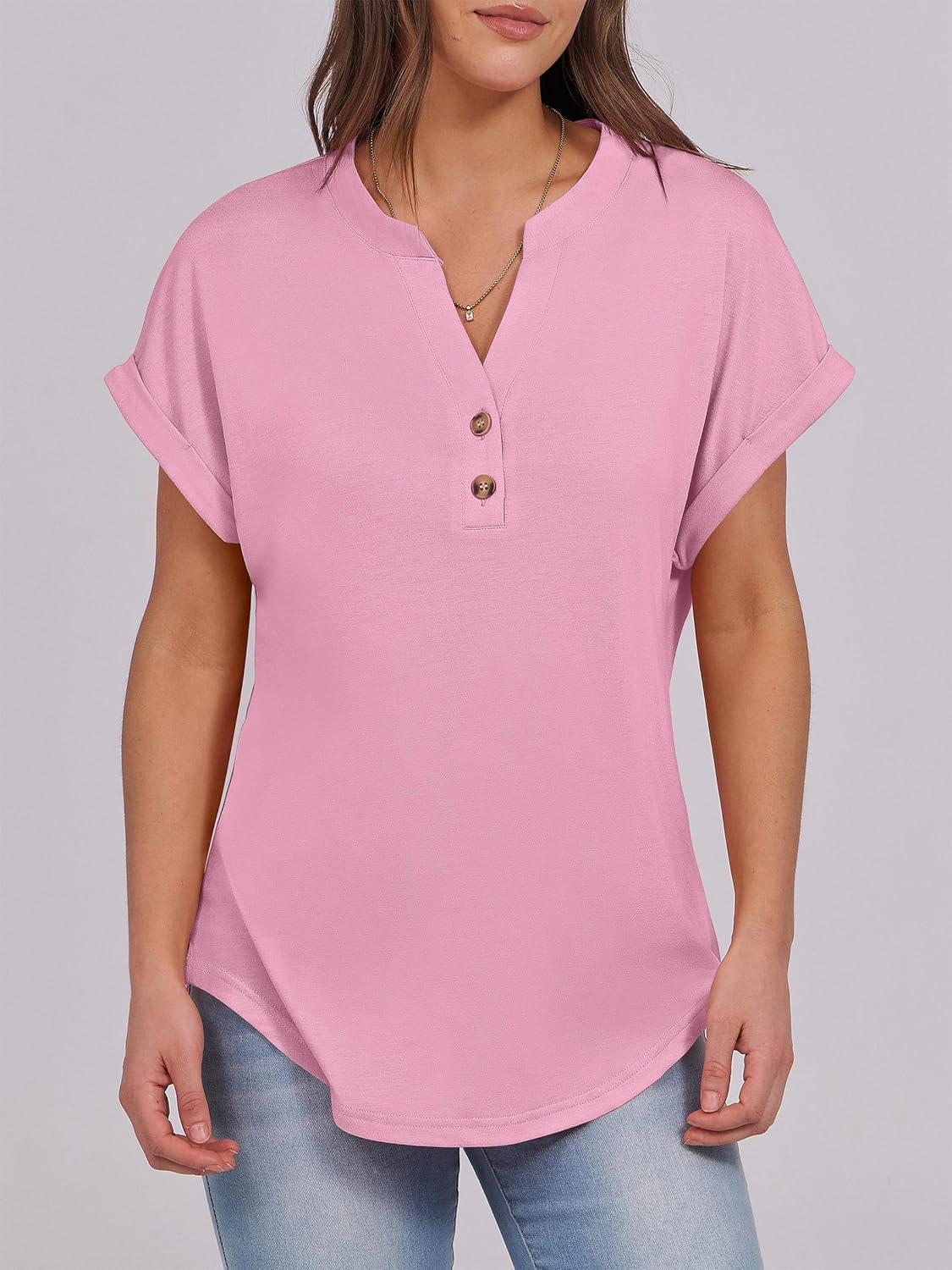 imageANRABESS Womens Short Sleeve Henley Tops V Neck Dressy Casual Blouses Summer Trendy Tee Shirts 2025 Vacation Fashion ClothesPink