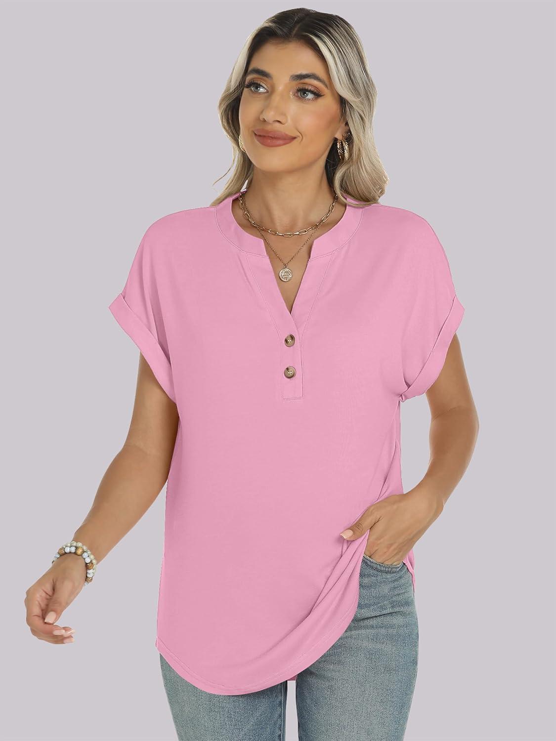 imageANRABESS Womens Short Sleeve Henley Tops V Neck Dressy Casual Blouses Summer Trendy Tee Shirts 2025 Vacation Fashion ClothesPink