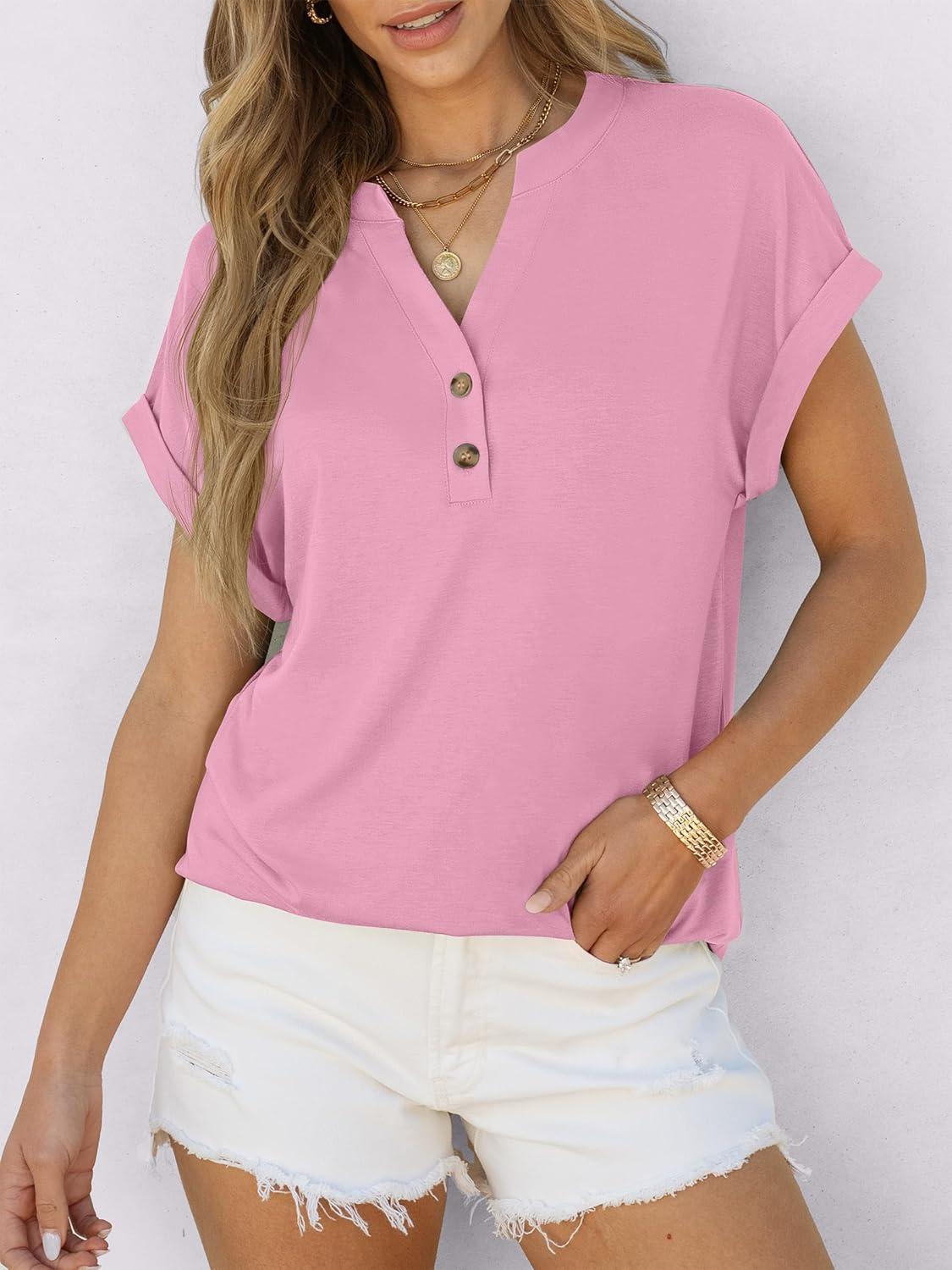 imageANRABESS Womens Short Sleeve Henley Tops V Neck Dressy Casual Blouses Summer Trendy Tee Shirts 2025 Vacation Fashion ClothesPink