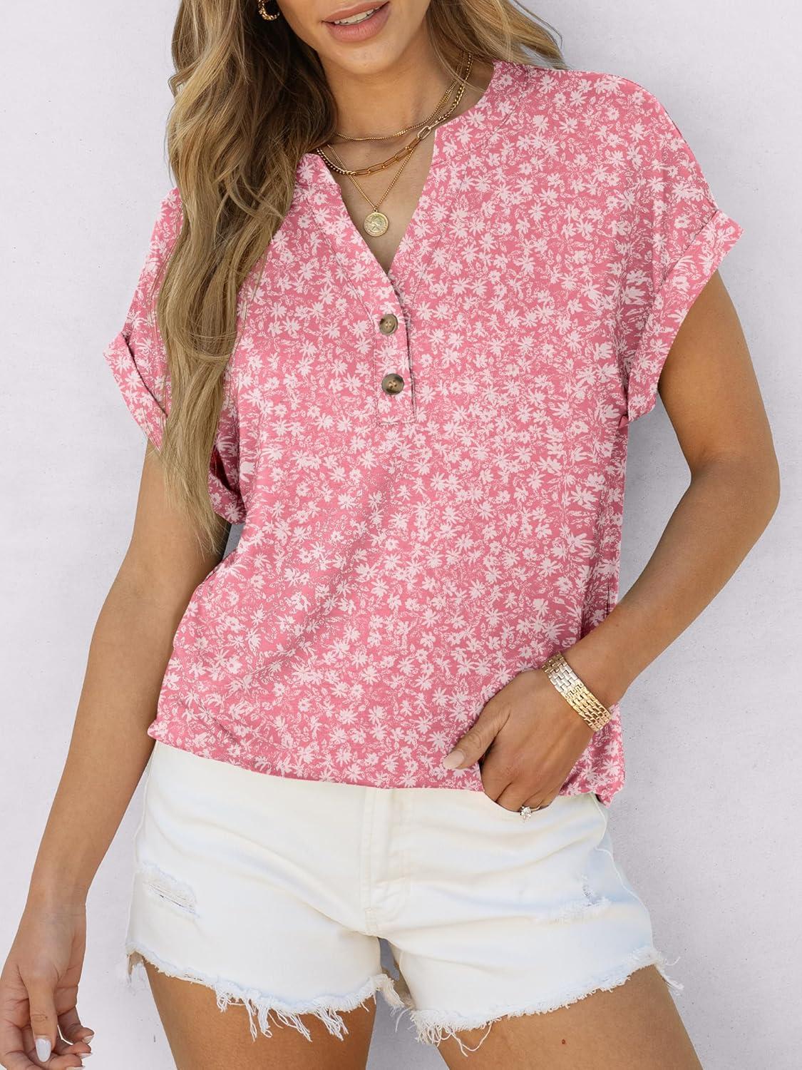 imageANRABESS Womens Short Sleeve Henley Tops V Neck Dressy Casual Blouses Summer Trendy Tee Shirts 2025 Vacation Fashion ClothesPink White Floral