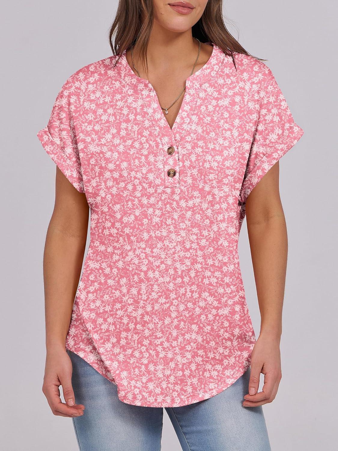 imageANRABESS Womens Short Sleeve Henley Tops V Neck Dressy Casual Blouses Summer Trendy Tee Shirts 2025 Vacation Fashion ClothesPink White Floral
