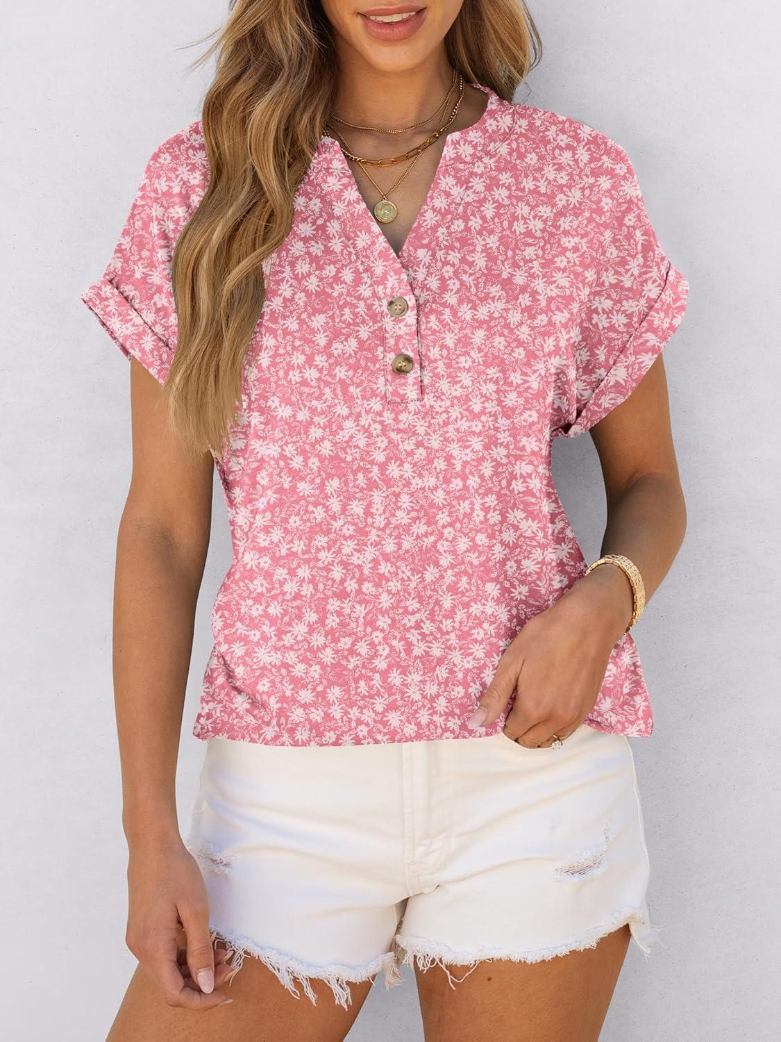 imageANRABESS Womens Short Sleeve Henley Tops V Neck Dressy Casual Blouses Summer Trendy Tee Shirts 2025 Vacation Fashion ClothesPink White Floral
