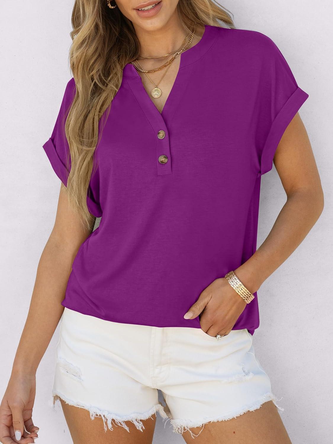 imageANRABESS Womens Short Sleeve Henley Tops V Neck Dressy Casual Blouses Summer Trendy Tee Shirts 2025 Vacation Fashion ClothesPurple