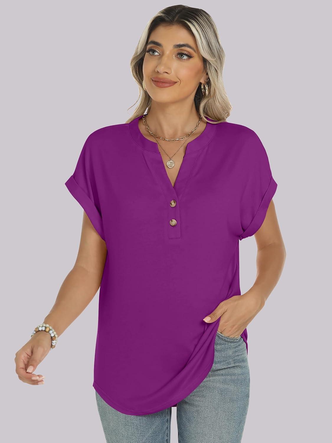 imageANRABESS Womens Short Sleeve Henley Tops V Neck Dressy Casual Blouses Summer Trendy Tee Shirts 2025 Vacation Fashion ClothesPurple