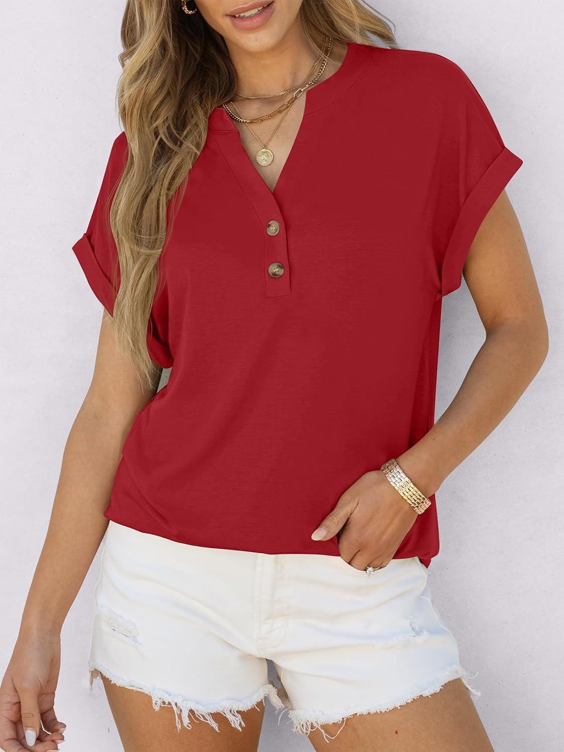 imageANRABESS Womens Short Sleeve Henley Tops V Neck Dressy Casual Blouses Summer Trendy Tee Shirts 2025 Vacation Fashion ClothesRed