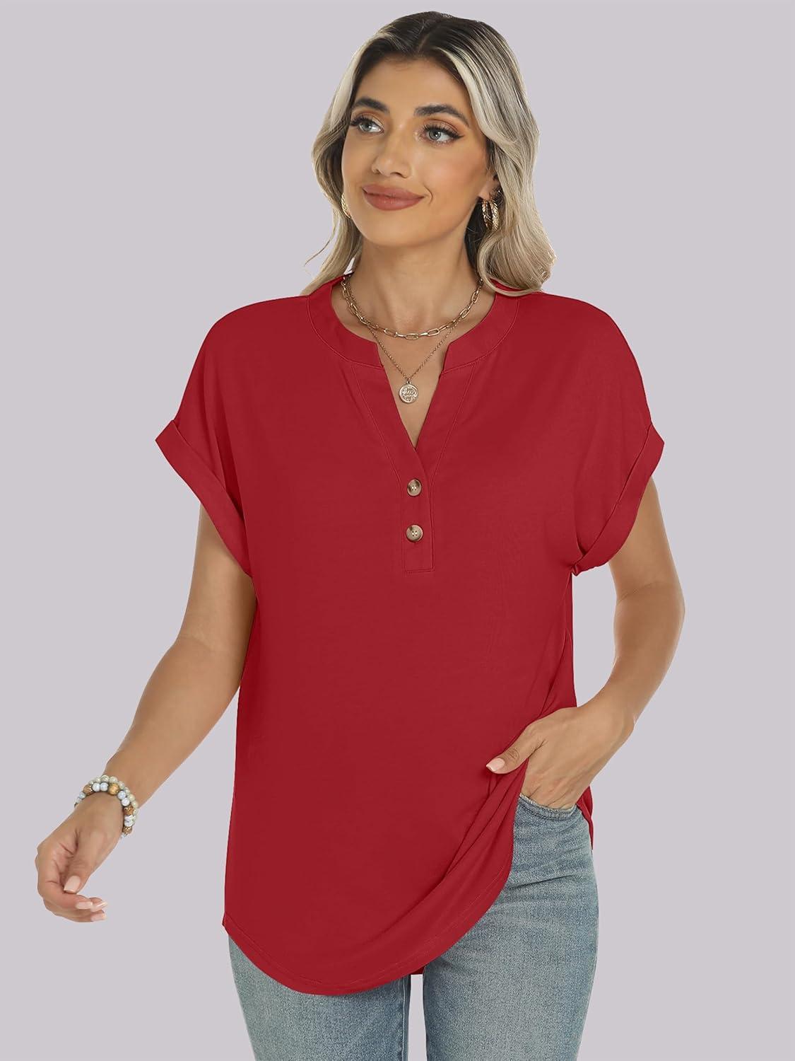 imageANRABESS Womens Short Sleeve Henley Tops V Neck Dressy Casual Blouses Summer Trendy Tee Shirts 2025 Vacation Fashion ClothesRed