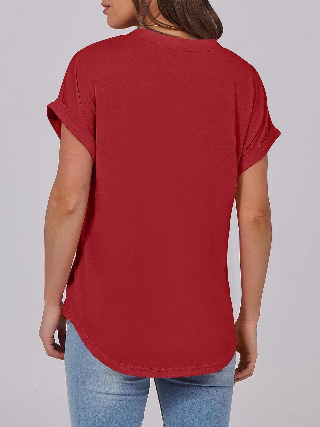 imageANRABESS Womens Short Sleeve Henley Tops V Neck Dressy Casual Blouses Summer Trendy Tee Shirts 2025 Vacation Fashion ClothesRed