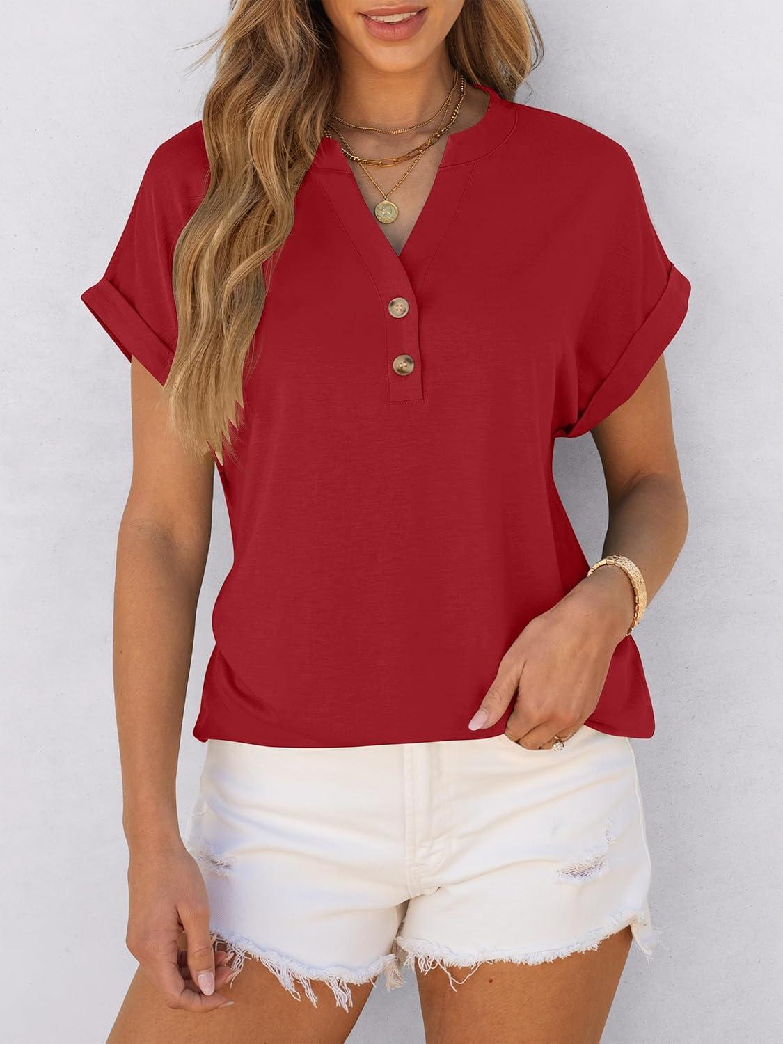 imageANRABESS Womens Short Sleeve Henley Tops V Neck Dressy Casual Blouses Summer Trendy Tee Shirts 2025 Vacation Fashion ClothesRed