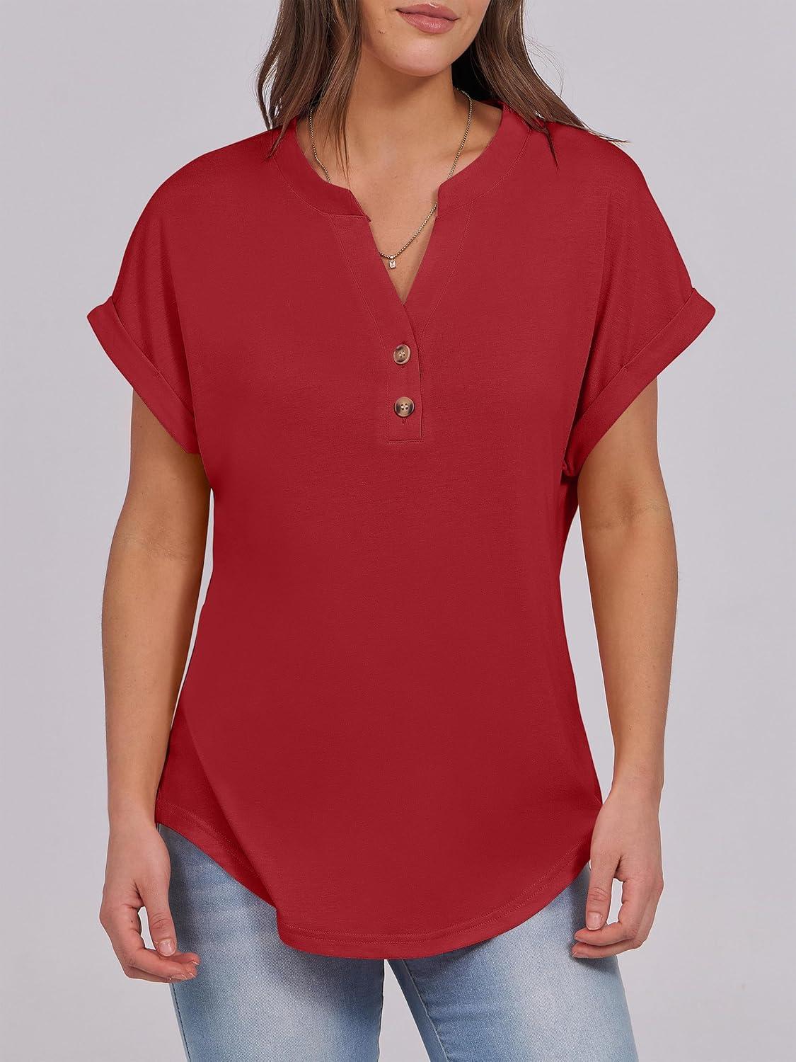 imageANRABESS Womens Short Sleeve Henley Tops V Neck Dressy Casual Blouses Summer Trendy Tee Shirts 2025 Vacation Fashion ClothesRed