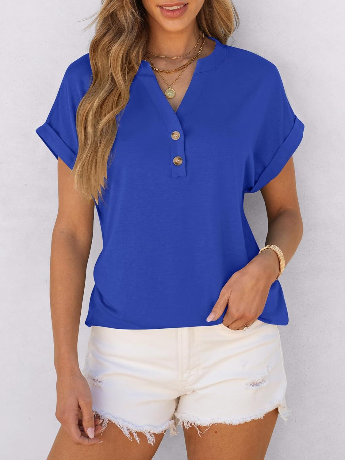 imageANRABESS Womens Short Sleeve Henley Tops V Neck Dressy Casual Blouses Summer Trendy Tee Shirts 2025 Vacation Fashion ClothesRoyal Blue