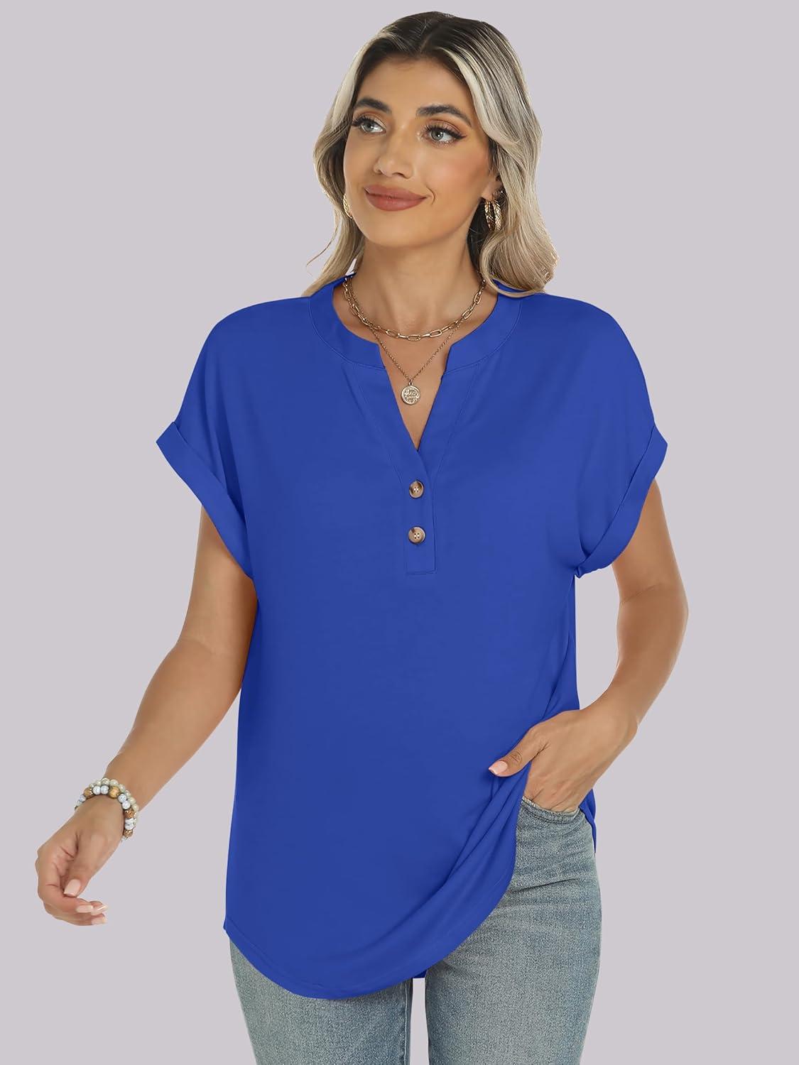 imageANRABESS Womens Short Sleeve Henley Tops V Neck Dressy Casual Blouses Summer Trendy Tee Shirts 2025 Vacation Fashion ClothesRoyal Blue