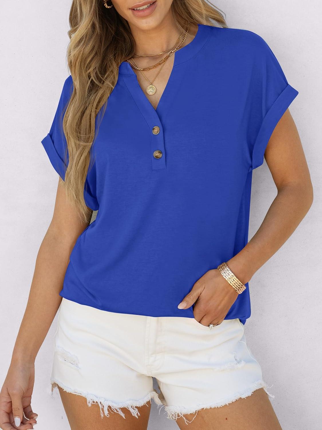 imageANRABESS Womens Short Sleeve Henley Tops V Neck Dressy Casual Blouses Summer Trendy Tee Shirts 2025 Vacation Fashion ClothesRoyal Blue