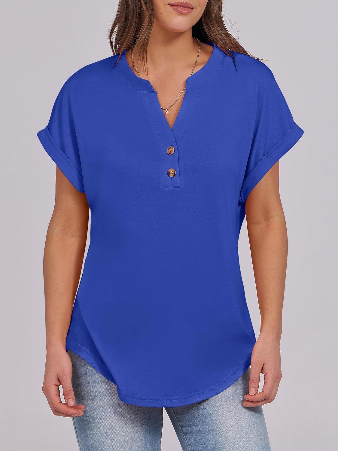 imageANRABESS Womens Short Sleeve Henley Tops V Neck Dressy Casual Blouses Summer Trendy Tee Shirts 2025 Vacation Fashion ClothesRoyal Blue