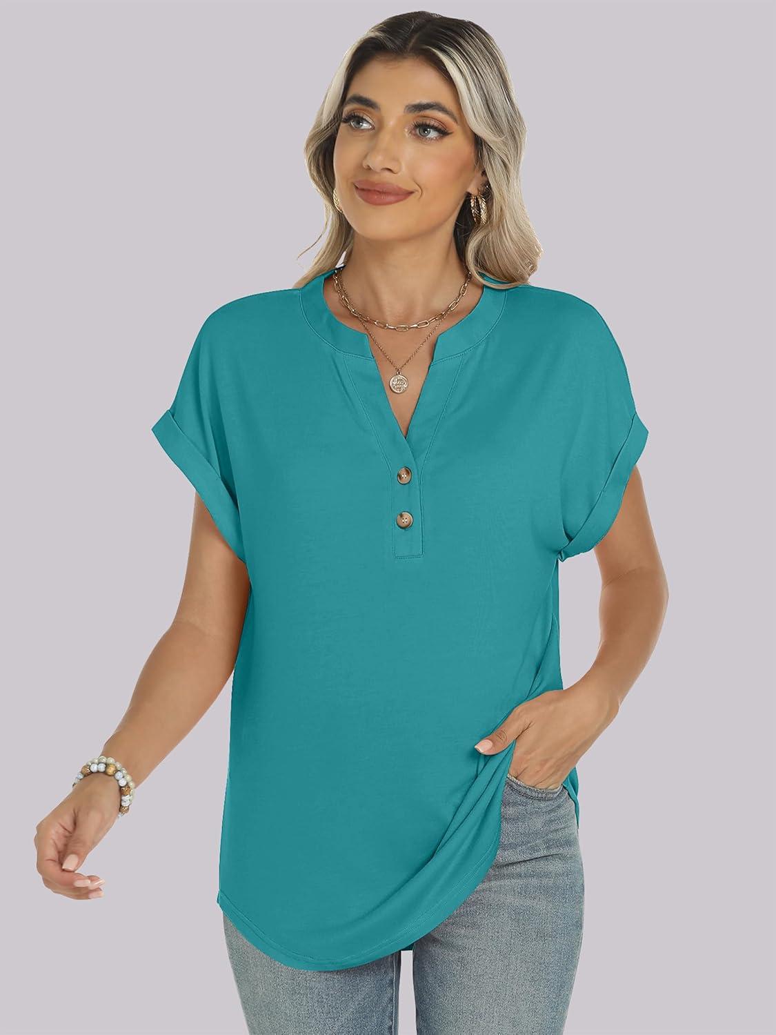 imageANRABESS Womens Short Sleeve Henley Tops V Neck Dressy Casual Blouses Summer Trendy Tee Shirts 2025 Vacation Fashion ClothesSky Blue