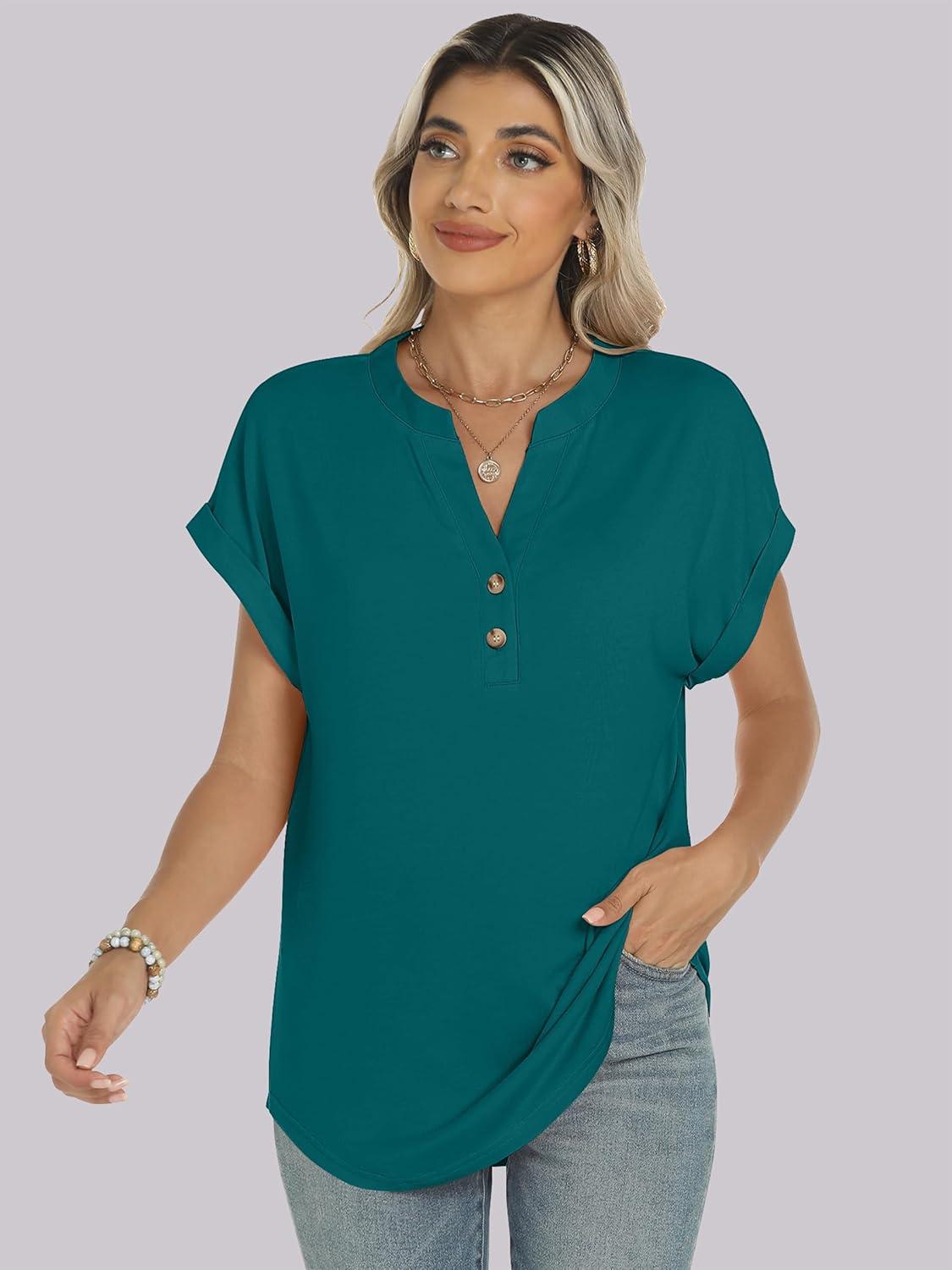 imageANRABESS Womens Short Sleeve Henley Tops V Neck Dressy Casual Blouses Summer Trendy Tee Shirts 2025 Vacation Fashion ClothesTeal