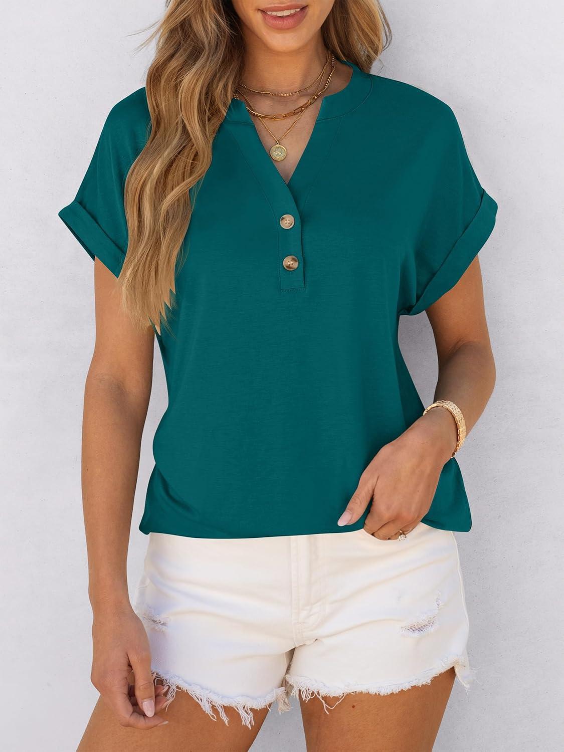 imageANRABESS Womens Short Sleeve Henley Tops V Neck Dressy Casual Blouses Summer Trendy Tee Shirts 2025 Vacation Fashion ClothesTeal