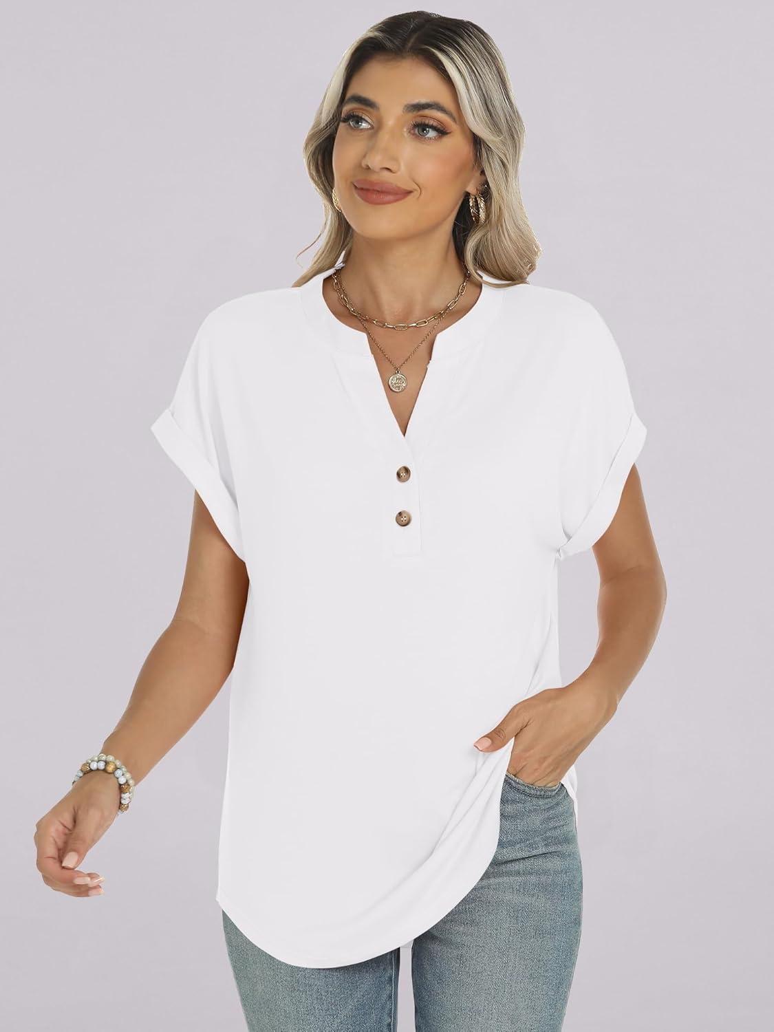 imageANRABESS Womens Short Sleeve Henley Tops V Neck Dressy Casual Blouses Summer Trendy Tee Shirts 2025 Vacation Fashion ClothesWhite