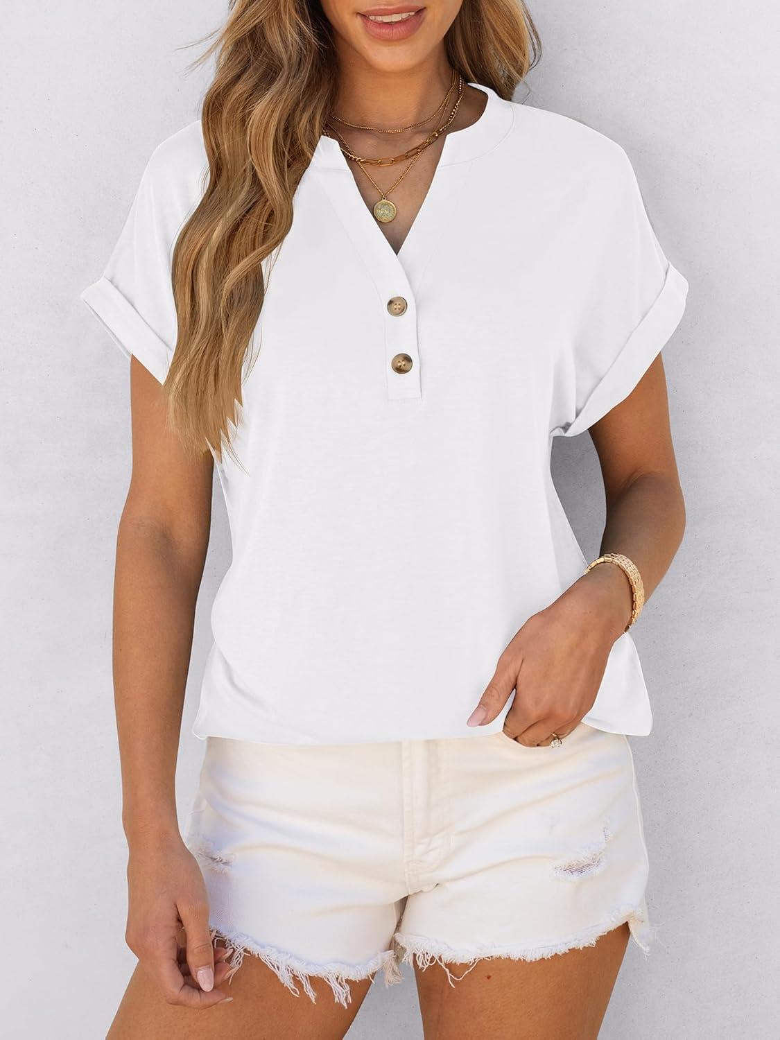 imageANRABESS Womens Short Sleeve Henley Tops V Neck Dressy Casual Blouses Summer Trendy Tee Shirts 2025 Vacation Fashion ClothesWhite