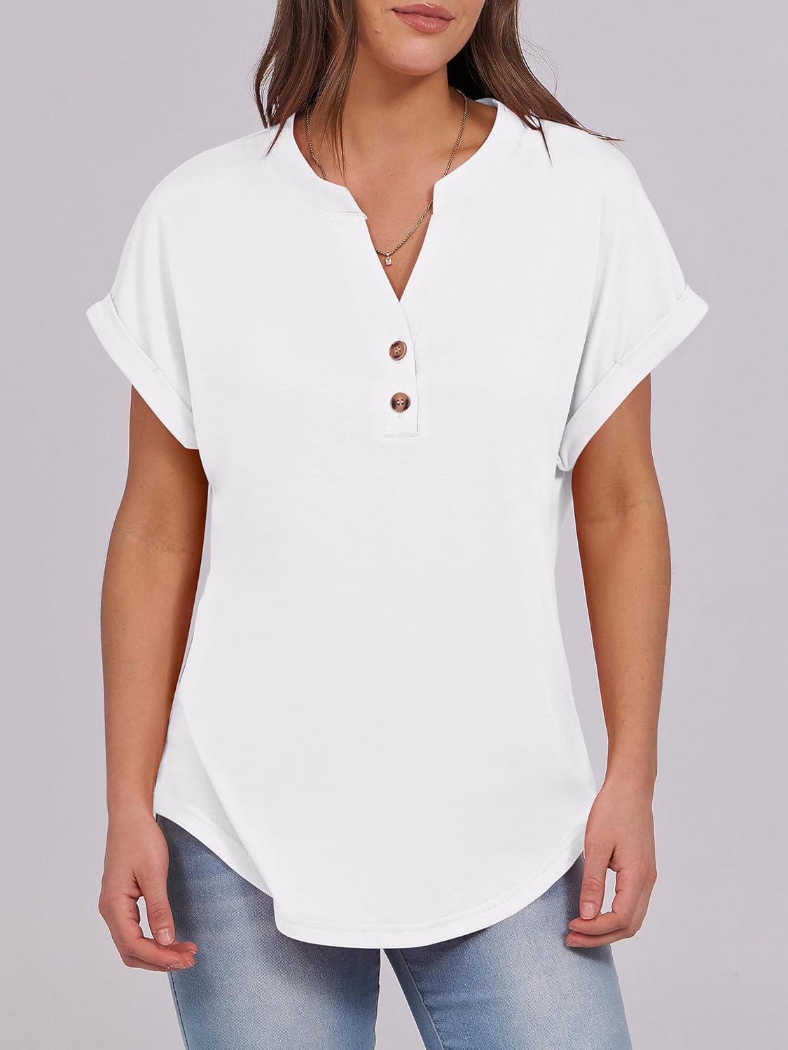 imageANRABESS Womens Short Sleeve Henley Tops V Neck Dressy Casual Blouses Summer Trendy Tee Shirts 2025 Vacation Fashion ClothesWhite
