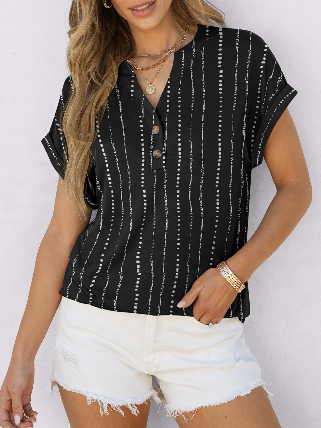 imageANRABESS Womens Short Sleeve Henley Tops V Neck Dressy Casual Blouses Summer Trendy Tee Shirts 2025 Vacation Fashion ClothesWhite Black Strip