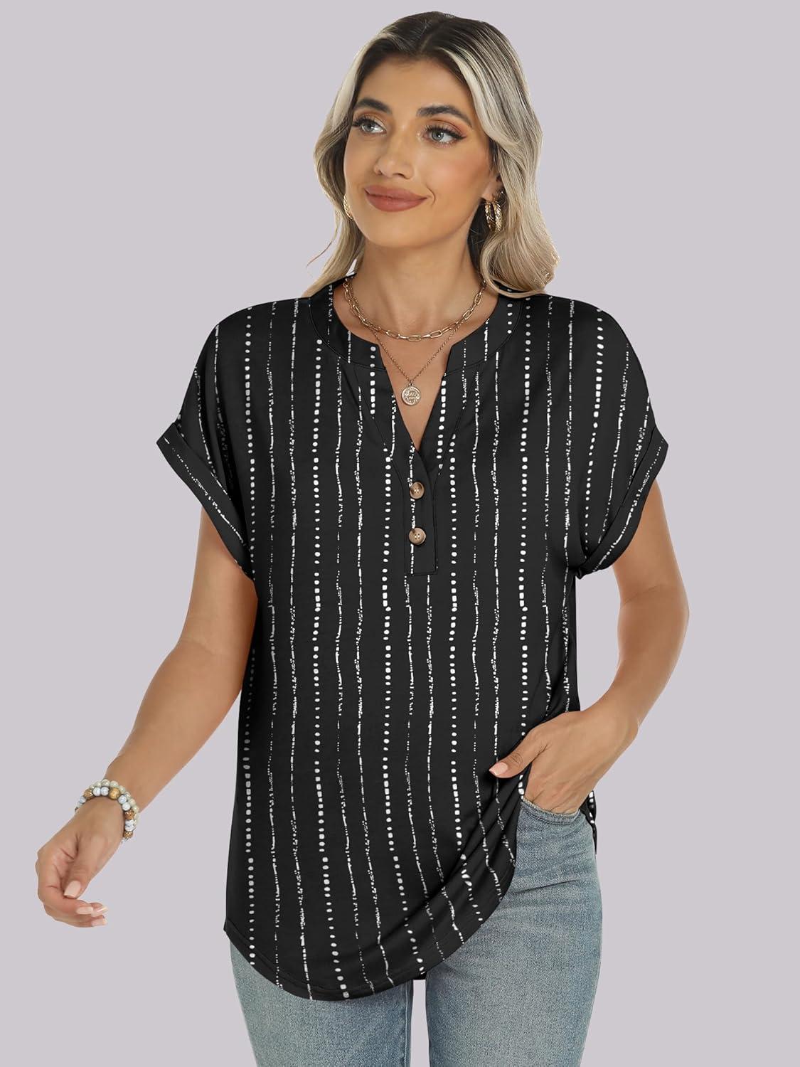 imageANRABESS Womens Short Sleeve Henley Tops V Neck Dressy Casual Blouses Summer Trendy Tee Shirts 2025 Vacation Fashion ClothesWhite Black Strip