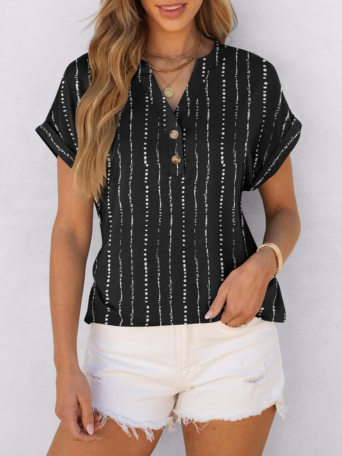 imageANRABESS Womens Short Sleeve Henley Tops V Neck Dressy Casual Blouses Summer Trendy Tee Shirts 2025 Vacation Fashion ClothesWhite Black Strip