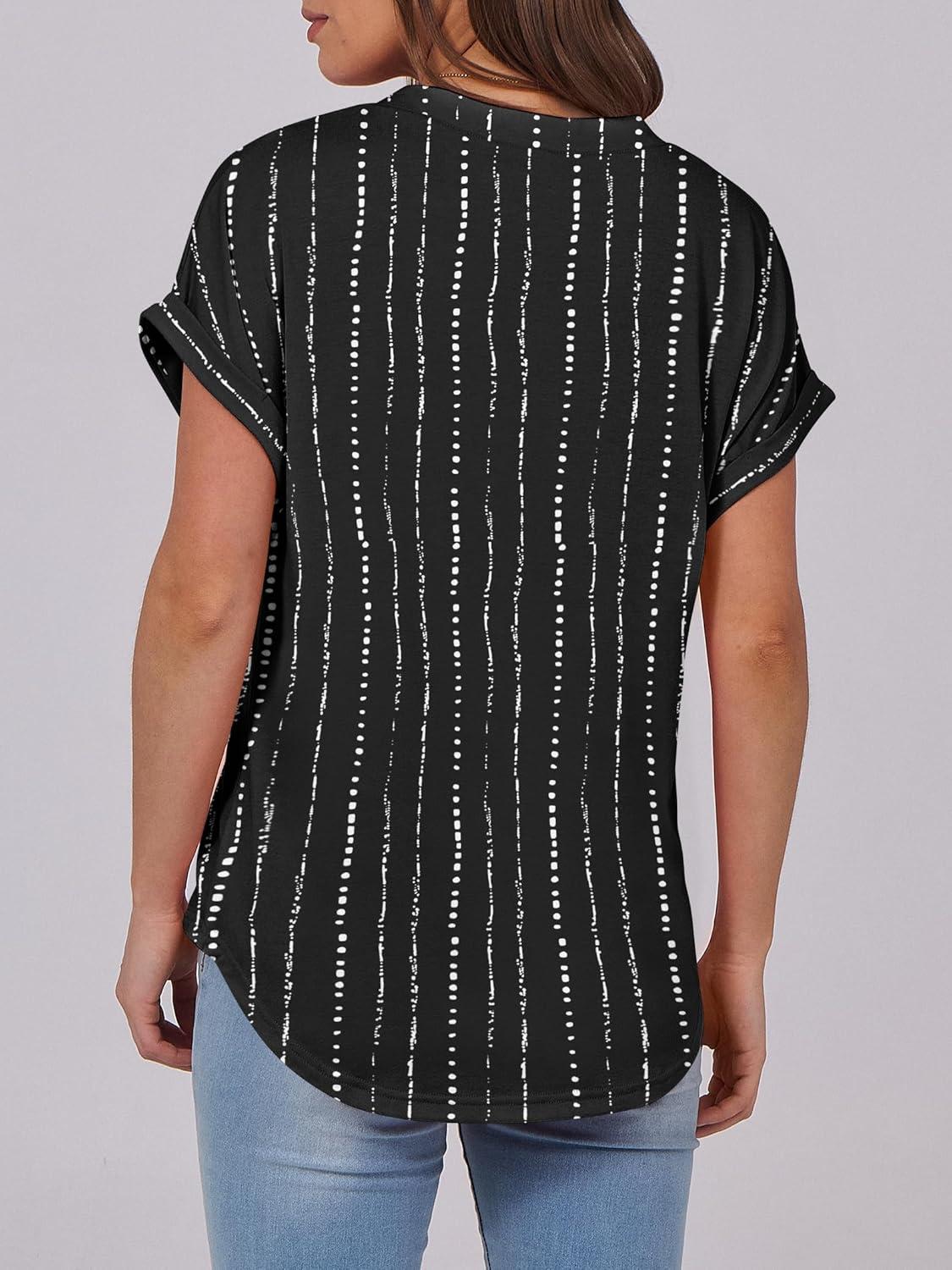 imageANRABESS Womens Short Sleeve Henley Tops V Neck Dressy Casual Blouses Summer Trendy Tee Shirts 2025 Vacation Fashion ClothesWhite Black Strip