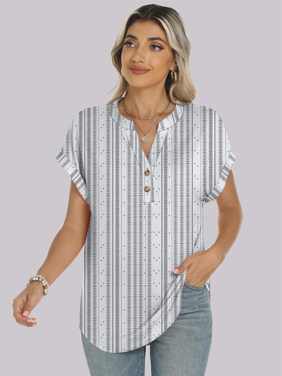 imageANRABESS Womens Short Sleeve Henley Tops V Neck Dressy Casual Blouses Summer Trendy Tee Shirts 2025 Vacation Fashion ClothesWhite Grey Strip