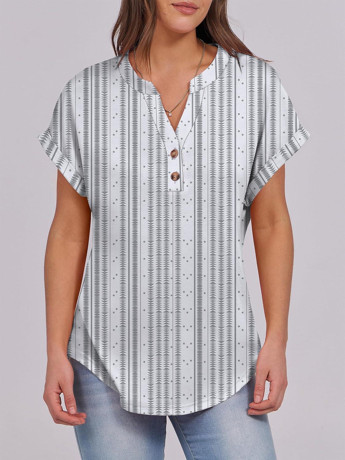 imageANRABESS Womens Short Sleeve Henley Tops V Neck Dressy Casual Blouses Summer Trendy Tee Shirts 2025 Vacation Fashion ClothesWhite Grey Strip