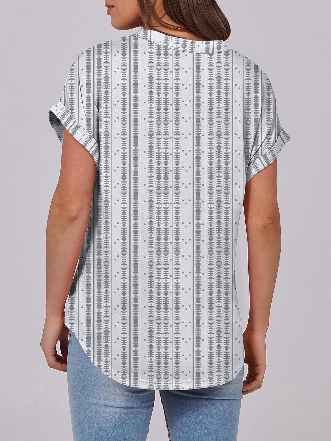 imageANRABESS Womens Short Sleeve Henley Tops V Neck Dressy Casual Blouses Summer Trendy Tee Shirts 2025 Vacation Fashion ClothesWhite Grey Strip