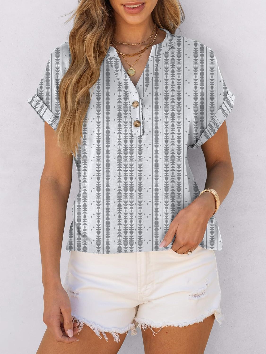 imageANRABESS Womens Short Sleeve Henley Tops V Neck Dressy Casual Blouses Summer Trendy Tee Shirts 2025 Vacation Fashion ClothesWhite Grey Strip