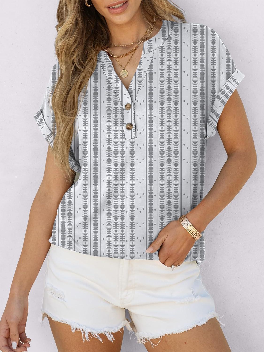 imageANRABESS Womens Short Sleeve Henley Tops V Neck Dressy Casual Blouses Summer Trendy Tee Shirts 2025 Vacation Fashion ClothesWhite Grey Strip