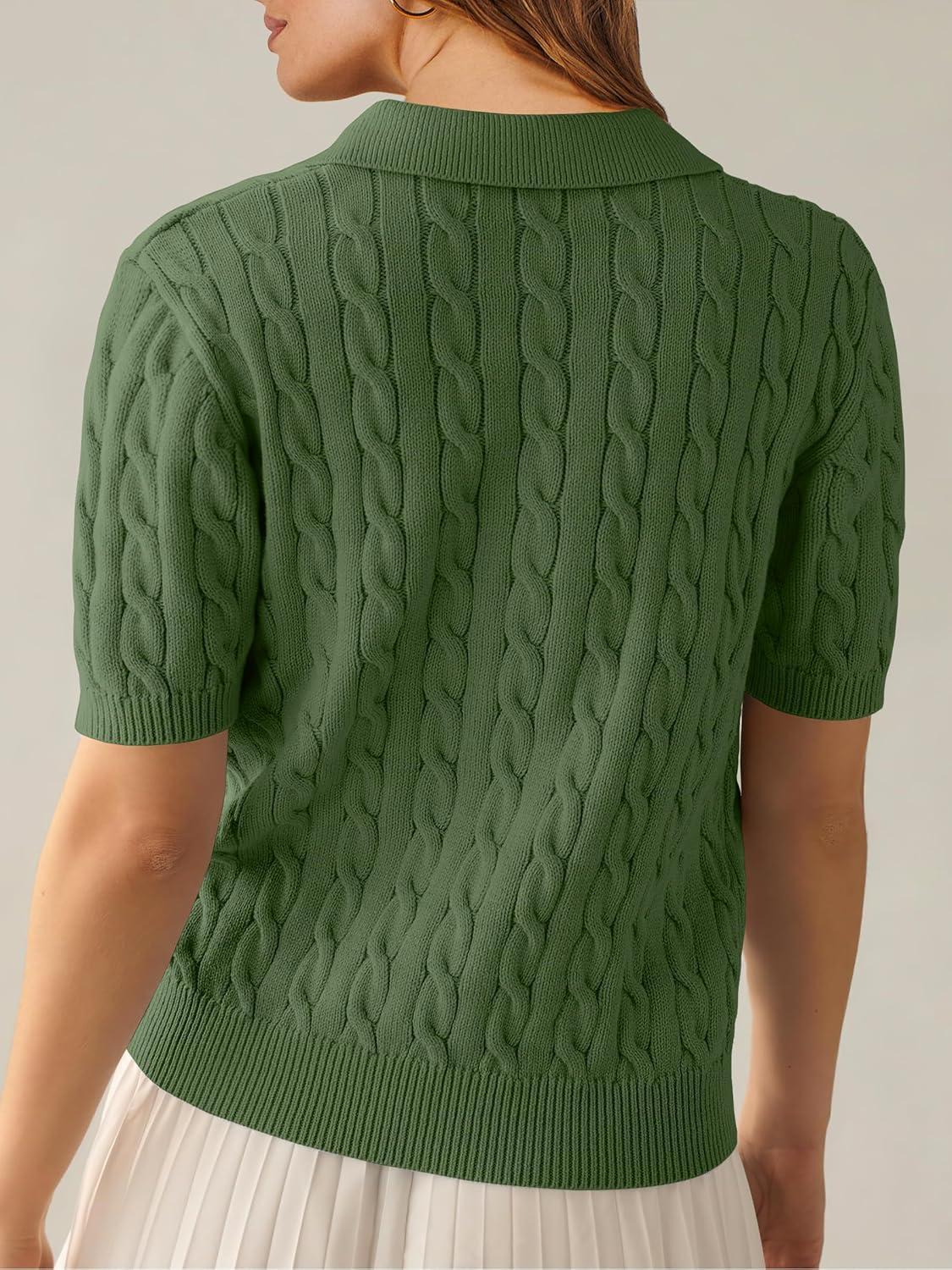 imageANRABESS Womens Short Sleeve Sweaters Tops Polo V Neck Cable Knit Casual Soft Pullover Shirts 2025 Summer OutfitsArmy Green