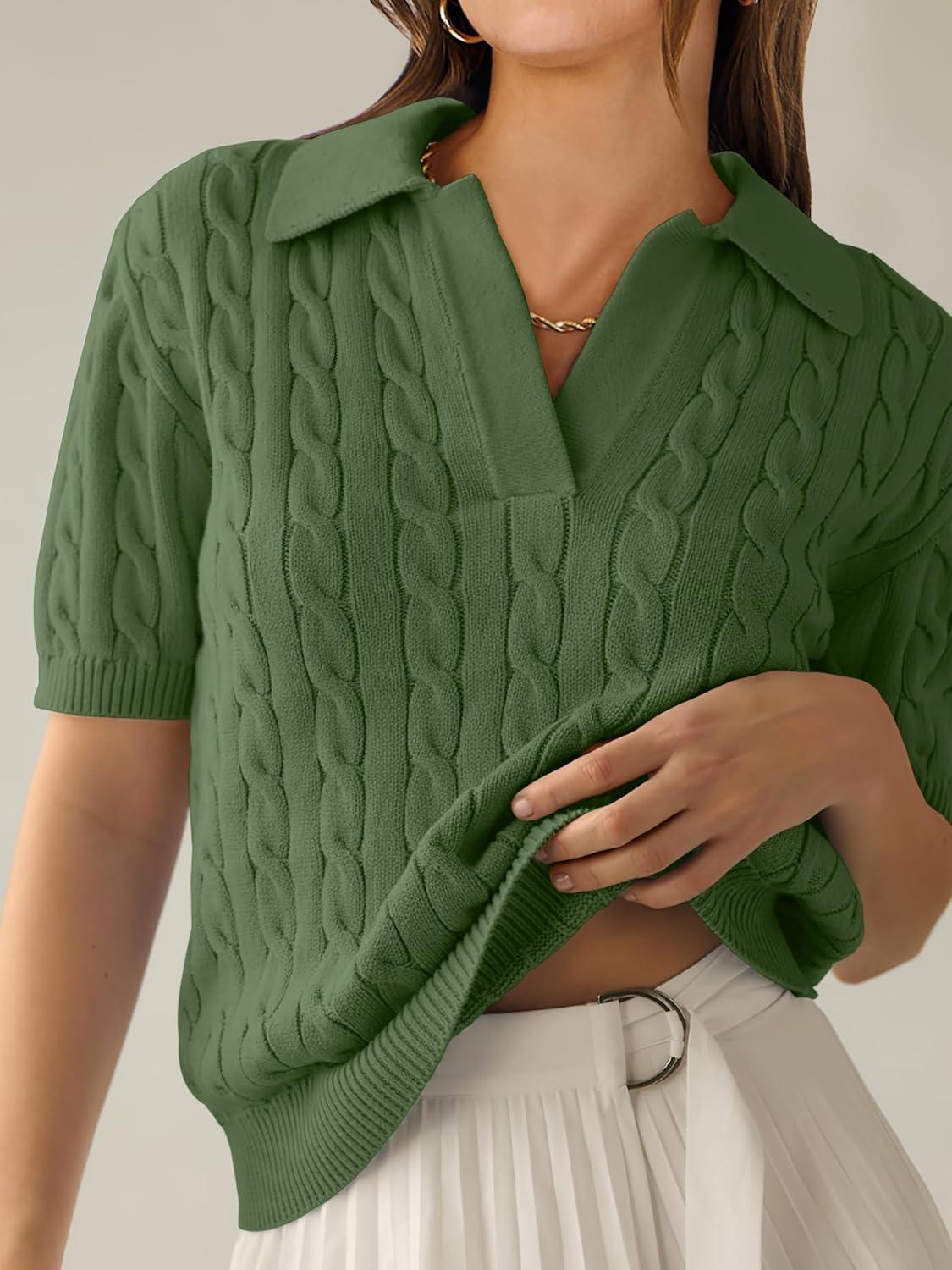 imageANRABESS Womens Short Sleeve Sweaters Tops Polo V Neck Cable Knit Casual Soft Pullover Shirts 2025 Summer OutfitsArmy Green