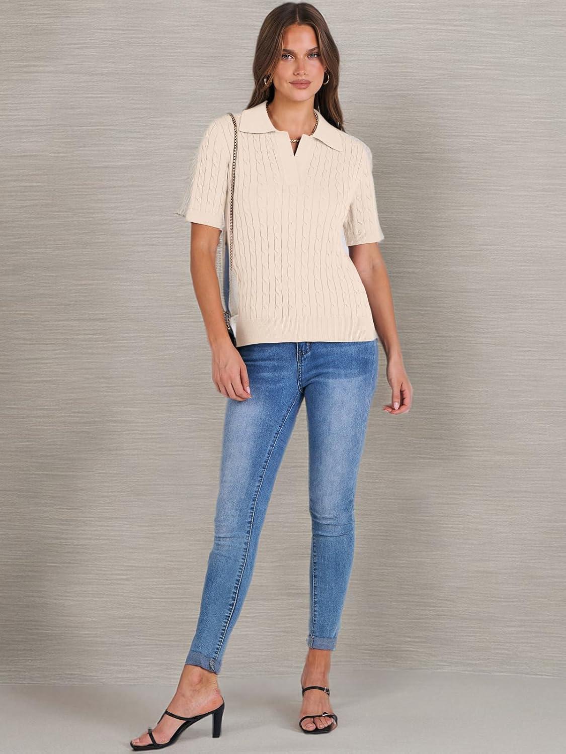 imageANRABESS Womens Short Sleeve Sweaters Tops Polo V Neck Cable Knit Casual Soft Pullover Shirts 2025 Summer OutfitsBeige