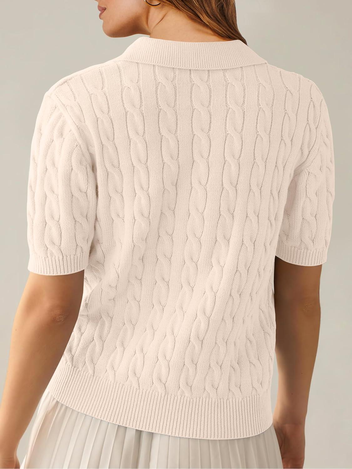 imageANRABESS Womens Short Sleeve Sweaters Tops Polo V Neck Cable Knit Casual Soft Pullover Shirts 2025 Summer OutfitsBeige