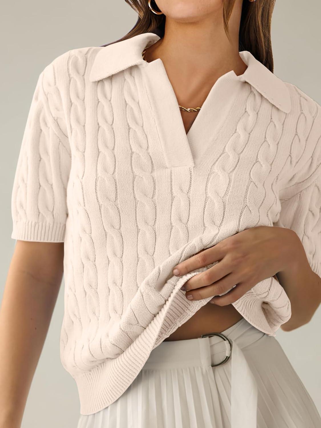 imageANRABESS Womens Short Sleeve Sweaters Tops Polo V Neck Cable Knit Casual Soft Pullover Shirts 2025 Summer OutfitsBeige