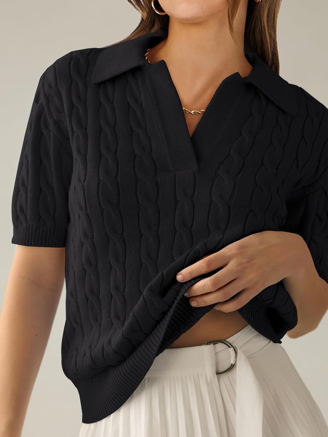 imageANRABESS Womens Short Sleeve Sweaters Tops Polo V Neck Cable Knit Casual Soft Pullover Shirts 2025 Summer OutfitsBlack