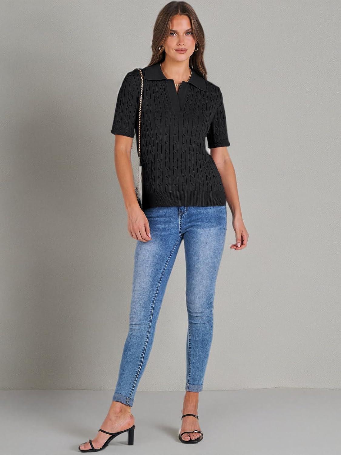 imageANRABESS Womens Short Sleeve Sweaters Tops Polo V Neck Cable Knit Casual Soft Pullover Shirts 2025 Summer OutfitsBlack
