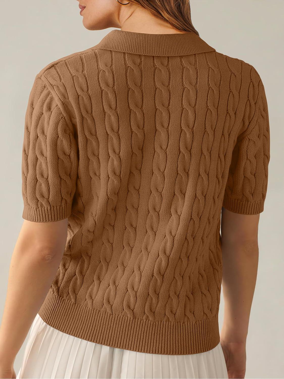 imageANRABESS Womens Short Sleeve Sweaters Tops Polo V Neck Cable Knit Casual Soft Pullover Shirts 2025 Summer OutfitsBrown