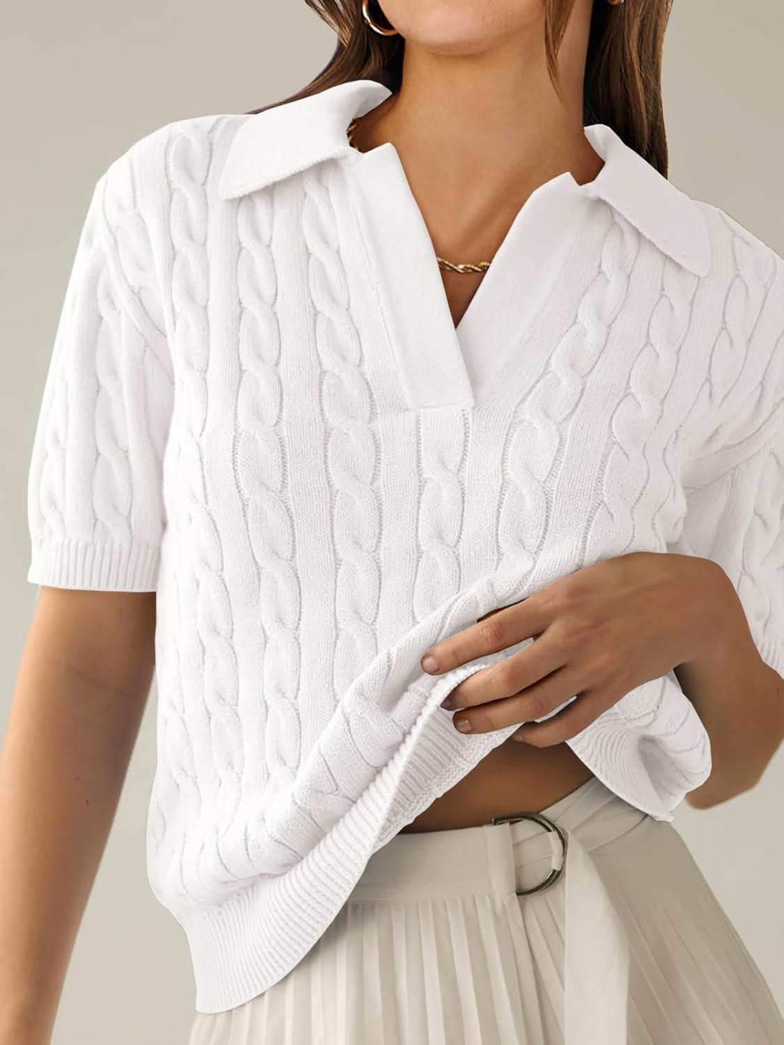 imageANRABESS Womens Short Sleeve Sweaters Tops Polo V Neck Cable Knit Casual Soft Pullover Shirts 2025 Summer OutfitsCream