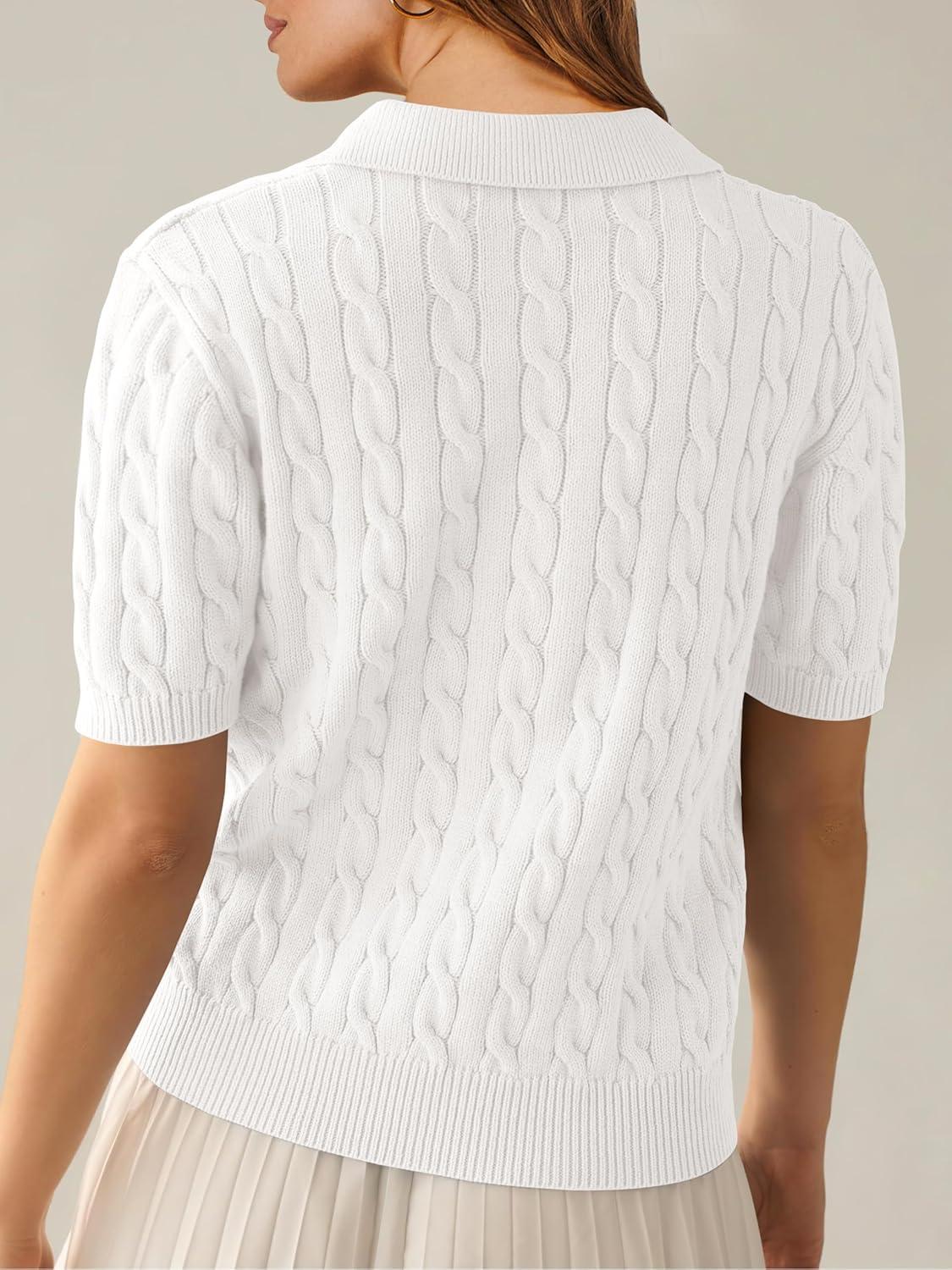 imageANRABESS Womens Short Sleeve Sweaters Tops Polo V Neck Cable Knit Casual Soft Pullover Shirts 2025 Summer OutfitsCream