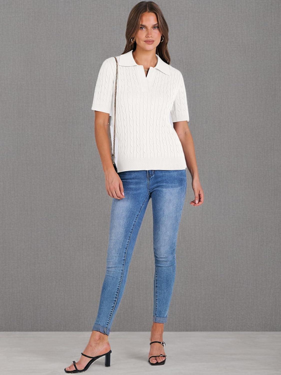 imageANRABESS Womens Short Sleeve Sweaters Tops Polo V Neck Cable Knit Casual Soft Pullover Shirts 2025 Summer OutfitsCream