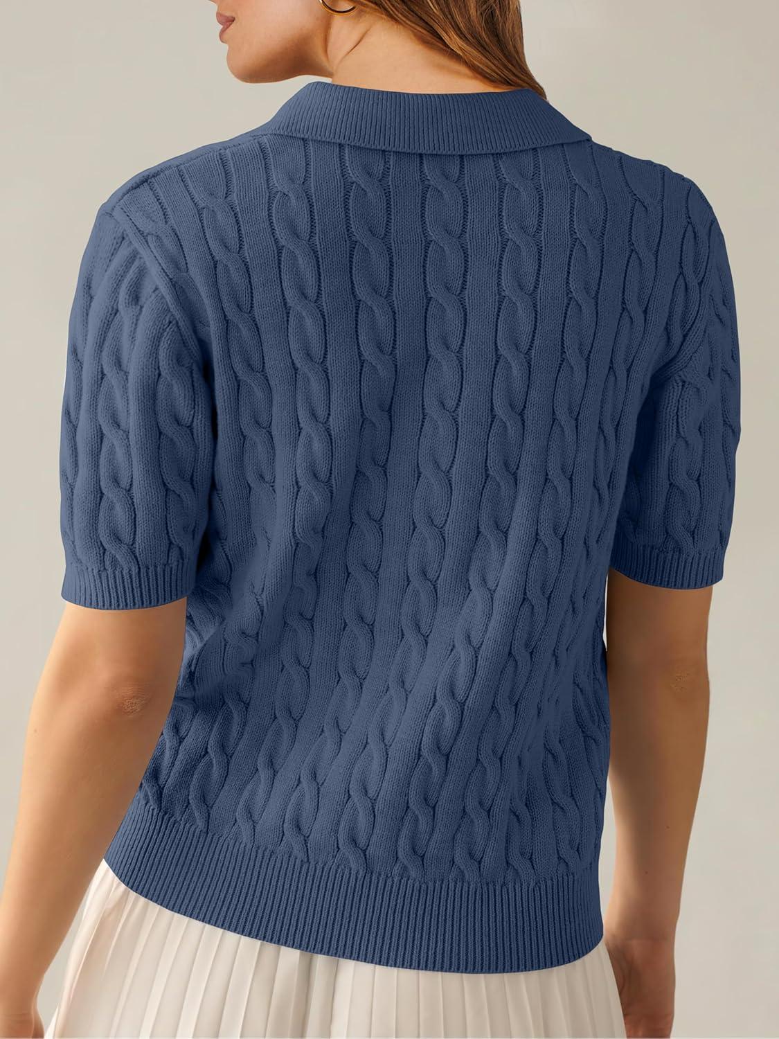 imageANRABESS Womens Short Sleeve Sweaters Tops Polo V Neck Cable Knit Casual Soft Pullover Shirts 2025 Summer OutfitsDusty Blue