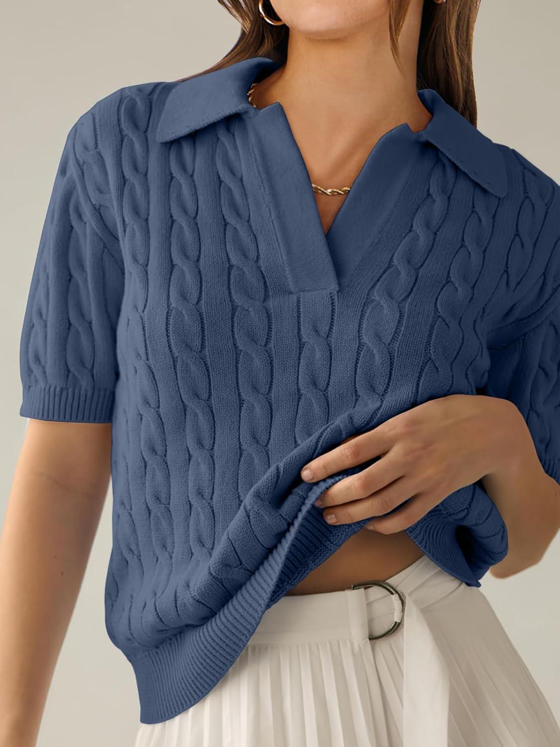 imageANRABESS Womens Short Sleeve Sweaters Tops Polo V Neck Cable Knit Casual Soft Pullover Shirts 2025 Summer OutfitsDusty Blue