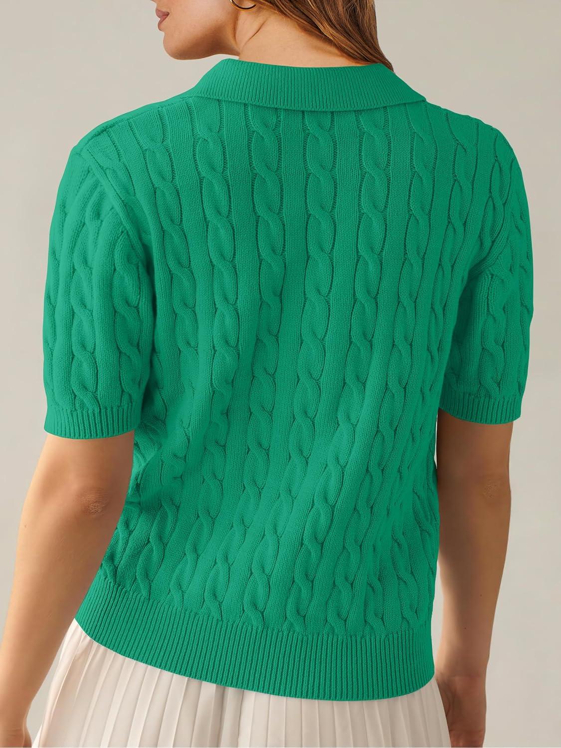 imageANRABESS Womens Short Sleeve Sweaters Tops Polo V Neck Cable Knit Casual Soft Pullover Shirts 2025 Summer OutfitsGreen