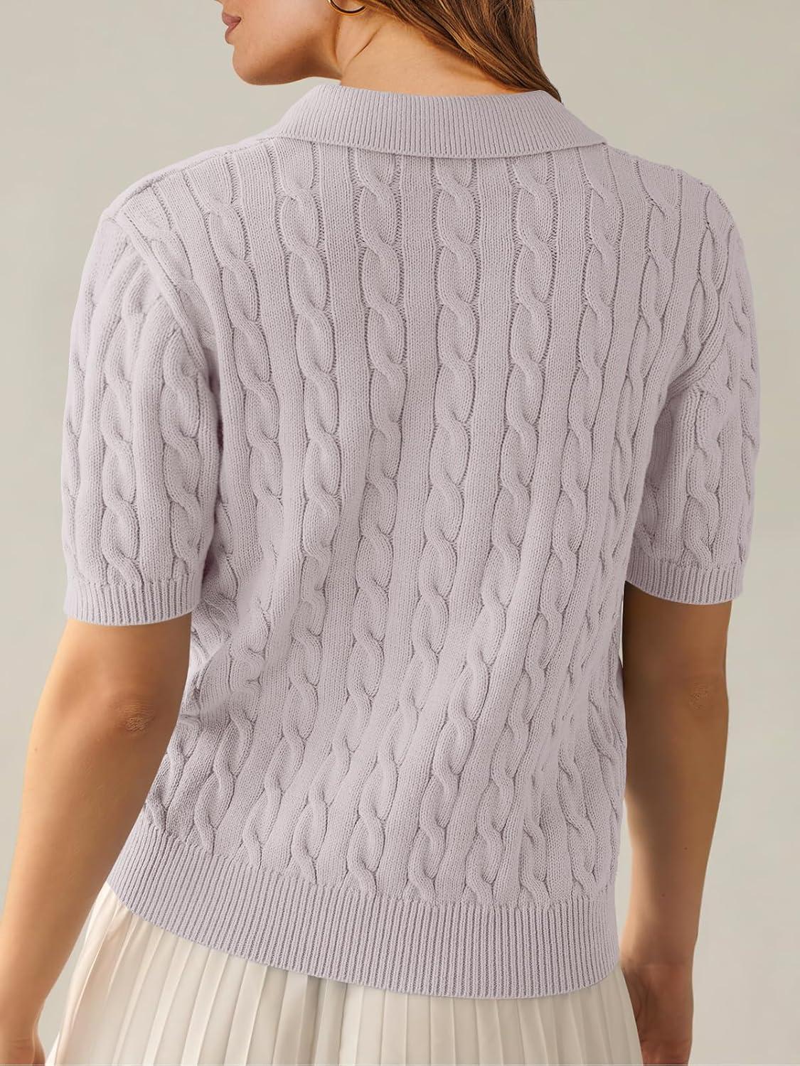 imageANRABESS Womens Short Sleeve Sweaters Tops Polo V Neck Cable Knit Casual Soft Pullover Shirts 2025 Summer OutfitsGrey