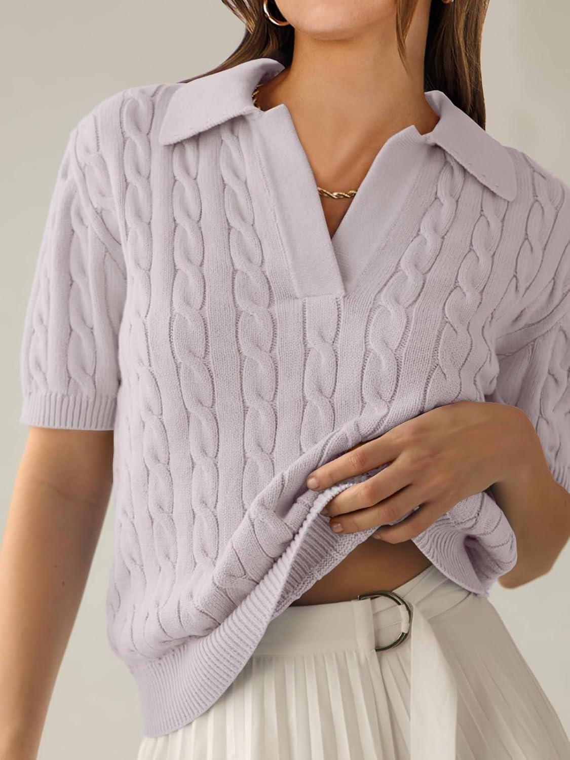 imageANRABESS Womens Short Sleeve Sweaters Tops Polo V Neck Cable Knit Casual Soft Pullover Shirts 2025 Summer OutfitsGrey