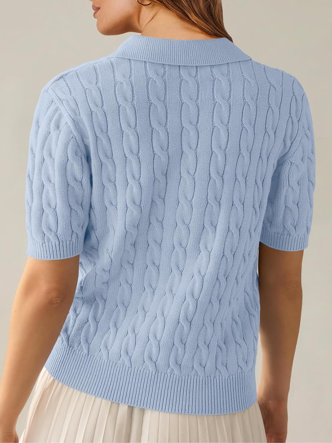 imageANRABESS Womens Short Sleeve Sweaters Tops Polo V Neck Cable Knit Casual Soft Pullover Shirts 2025 Summer OutfitsLight Blue