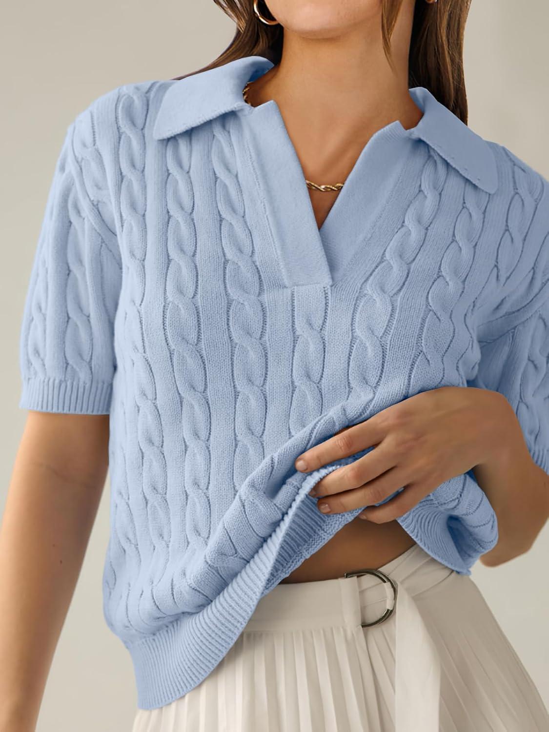 imageANRABESS Womens Short Sleeve Sweaters Tops Polo V Neck Cable Knit Casual Soft Pullover Shirts 2025 Summer OutfitsLight Blue